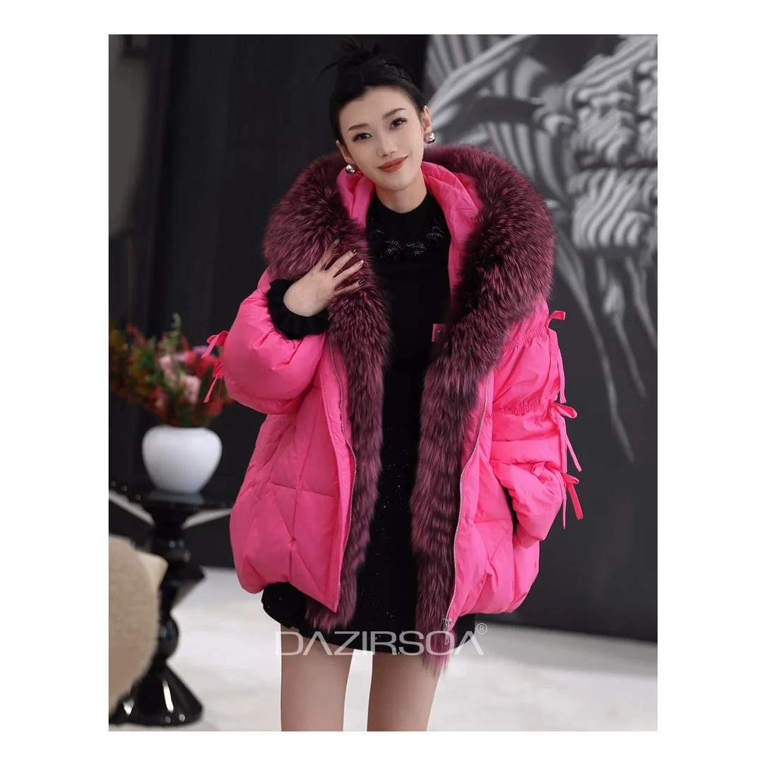 DAZIRSOA/达姿“色彩焦点”时尚百搭轻奢拼接狐狸毛羽绒服外套 W576