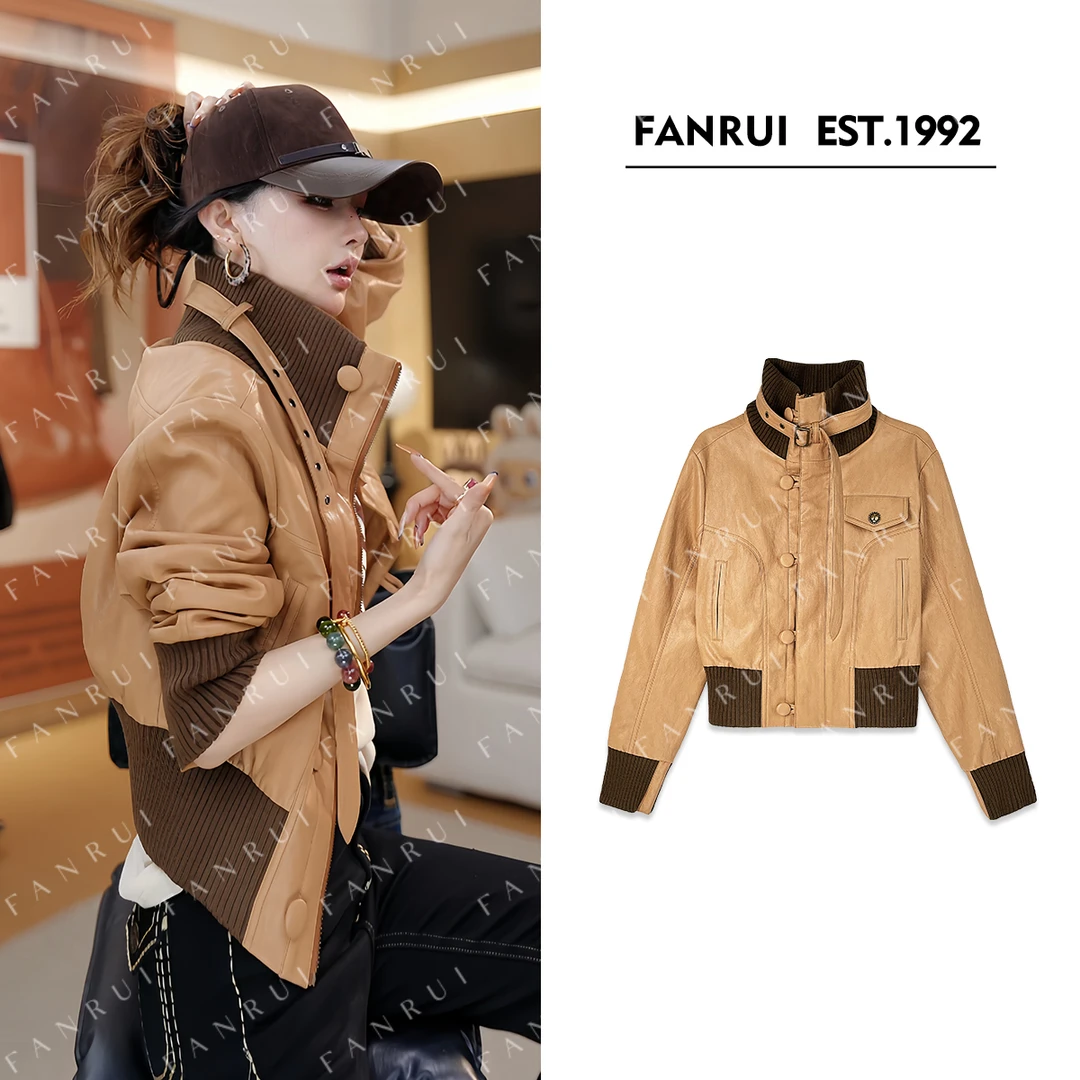 FANRUI/泛芮「贝贝biuu」美式复古高级感撞色时髦短皮衣外套B17671