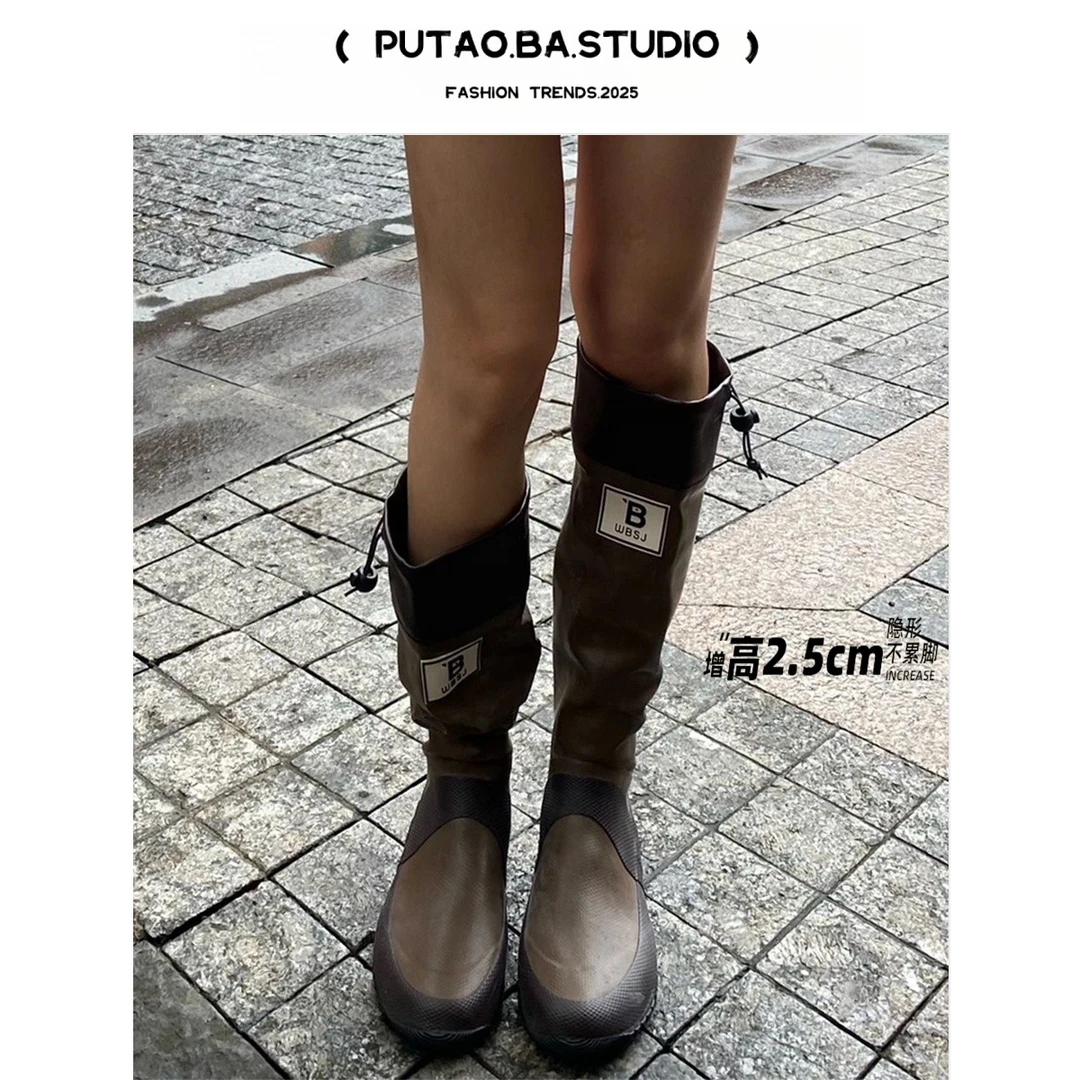 日本野鸟协会雨靴子女2025新春秋骑士靴百搭平底棕色不过膝长筒靴