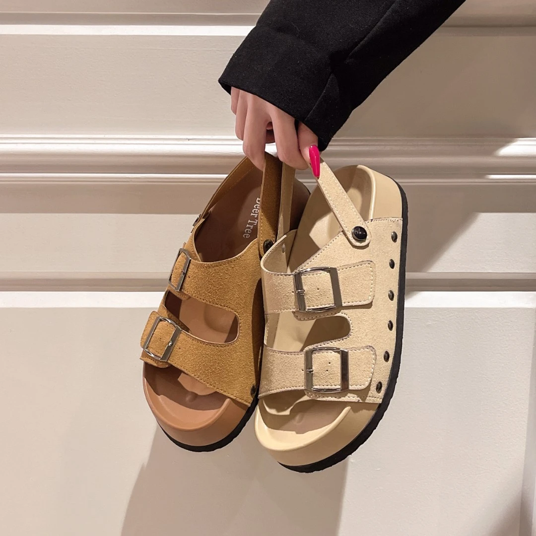 爆款复古皮带扣凉鞋女外穿2025夏季新款高级感百搭厚底两穿凉拖鞋