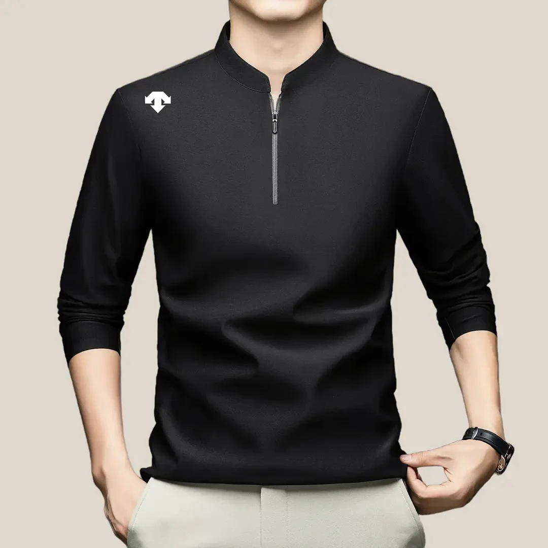 迪桑家秋冬季立领polo衫长袖运动T恤纯色潮流男装纯色打底上衣