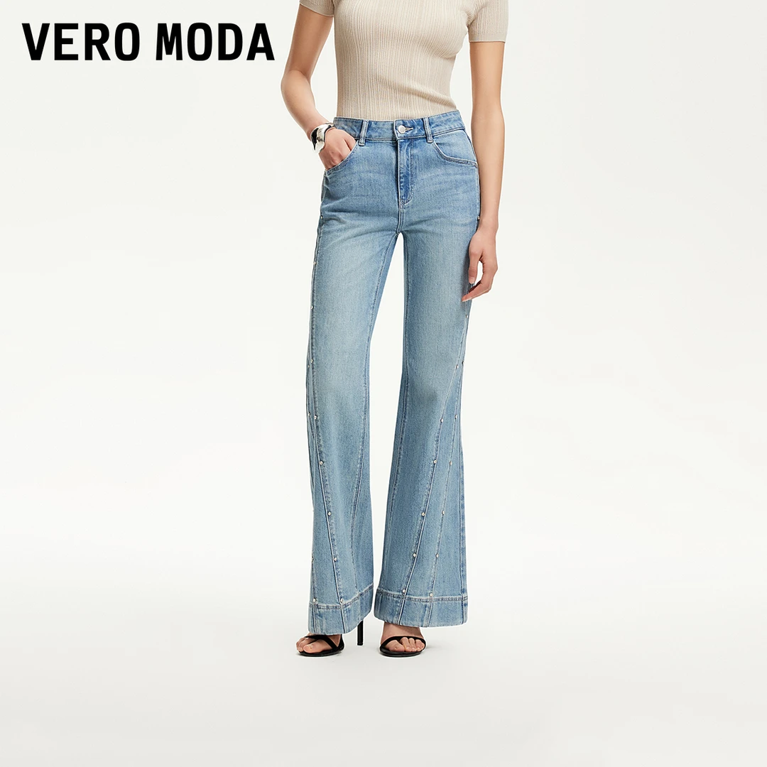【达人专属】Vero Moda牛仔裤含棉钉钻磨白简约微喇裤325332004