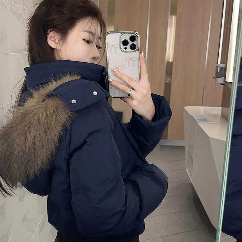 藏青色复古保暖大毛领连帽棉服上衣女冬季短款加厚面包服棉衣外套