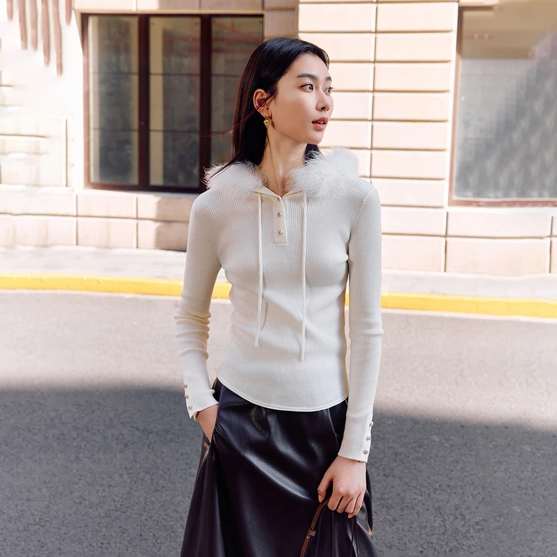 EP YAYING雅莹女装 100羊毛连帽毛领修身针织衫 秋冬新品9539A