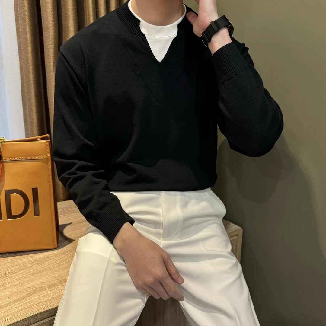 WUSHE物社春秋季男士简约宽松针织衫时尚设计感V领假两件休闲上衣