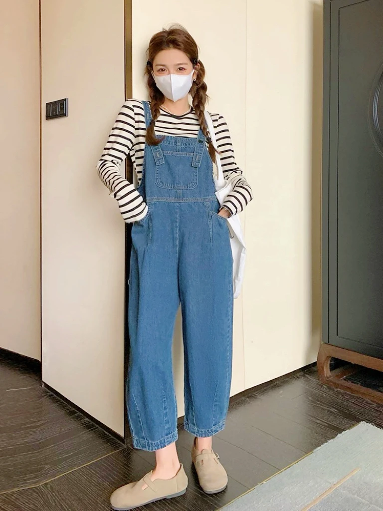 【八分哈伦裤# 】减龄高腰牛仔背带裤女时尚宽松休闲连体阔腿裤