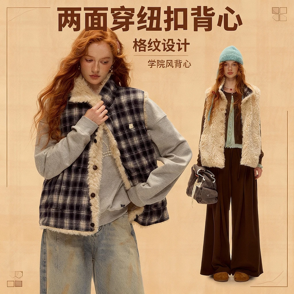 AsGony两面穿格纹毛绒纽扣背心