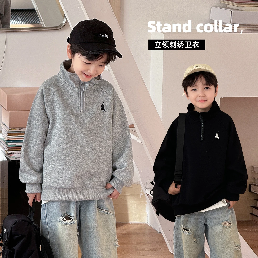 AC5021棉小班童装刺绣上衣立领拉链纯色儿童卫衣2025春季休闲上衣
