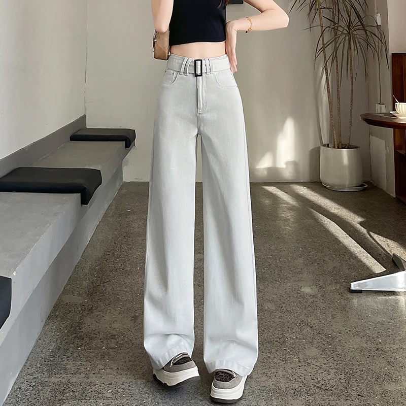 蜜蜜穿搭灰白色牛仔裤女2025秋季穿搭小个子高腰遮胯宽松休闲阔腿