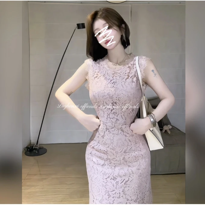 粉色无袖气质修身显瘦名媛蕾丝连衣裙轻熟风温婉优雅 3236#