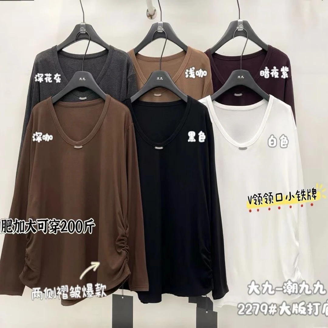 长袖休闲风早秋高弹女士打底T恤大版加大宽松秋冬