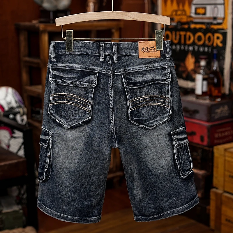 复古黑多兜工装牛仔短裤男士五分宽松直筒潮流大码微胖人半截中裤