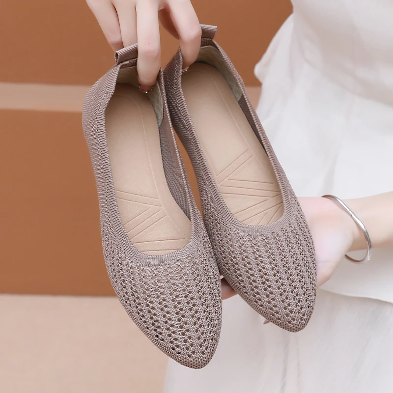 夏季新款跨境女鞋软底软面透气时尚休闲鞋浅口飞织网面平底豆豆鞋