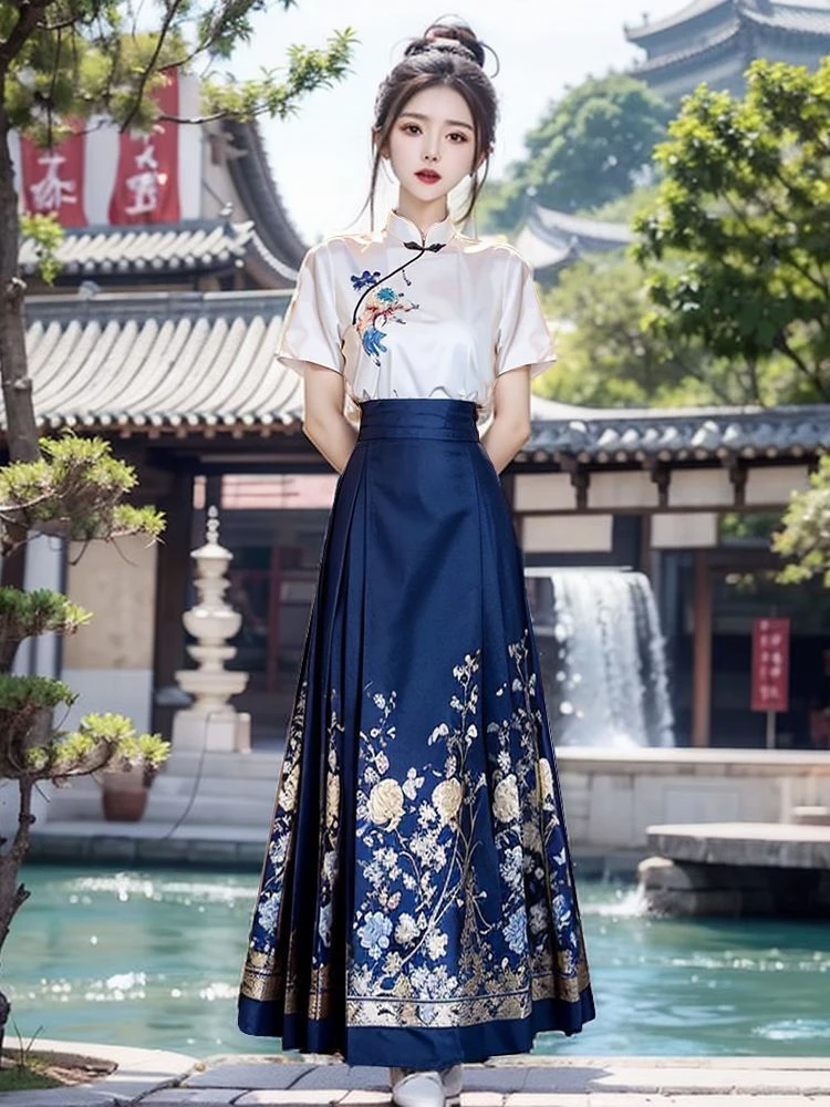 日常可穿马面裙套装2025夏季新款短袖新中式国风汉服刺绣两件套女