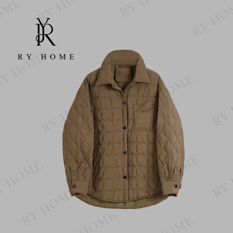 【容雨RYHOME】轻薄翻领方格衬衫90白鸭绒羽绒服外套253W2417