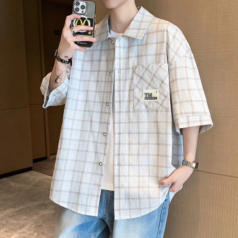 夏季爆款港风百搭短袖衬衫男潮流宽松青少格子T恤薄款休闲衬衣
