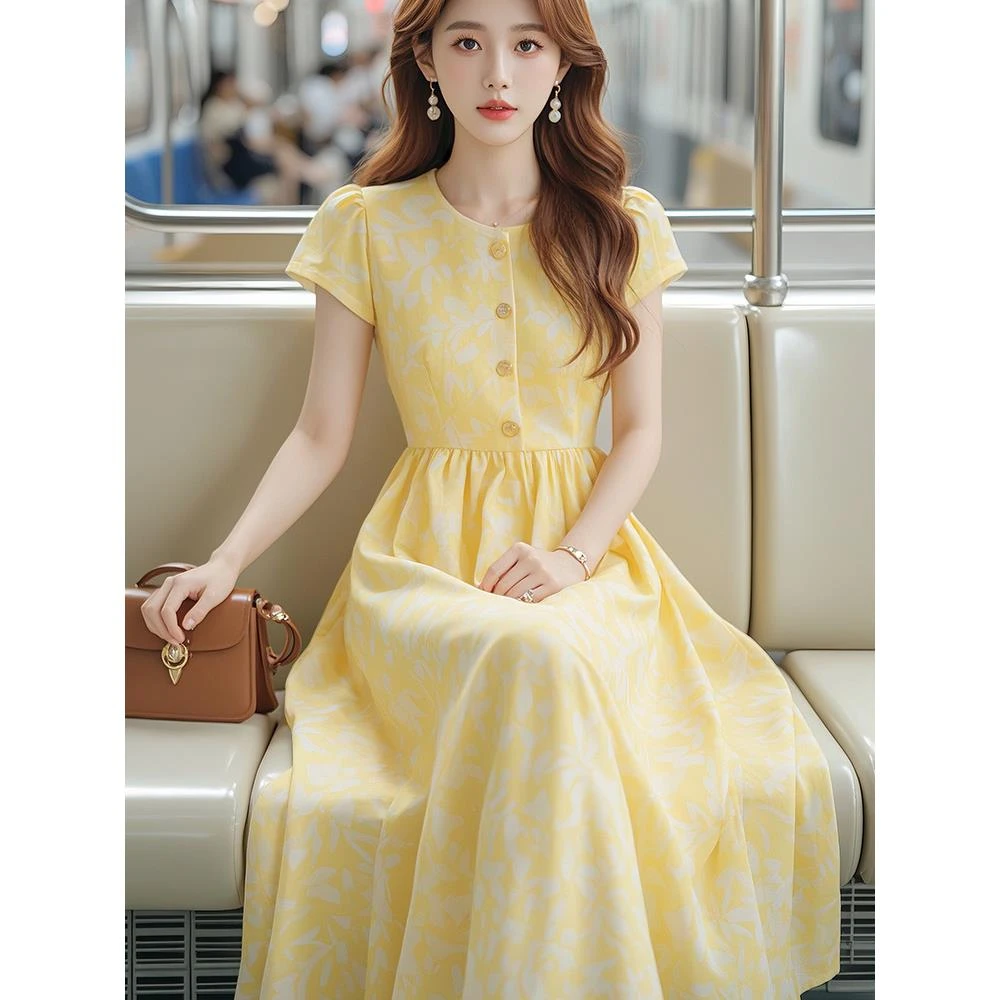 魅言品牌女装新款法式赫本轻熟风长裙气质黄色收腰显瘦连衣裙子女
