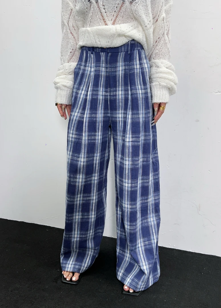 HTT小众设计感原创新款休闲百搭街头风格子直筒阔腿裤5105057