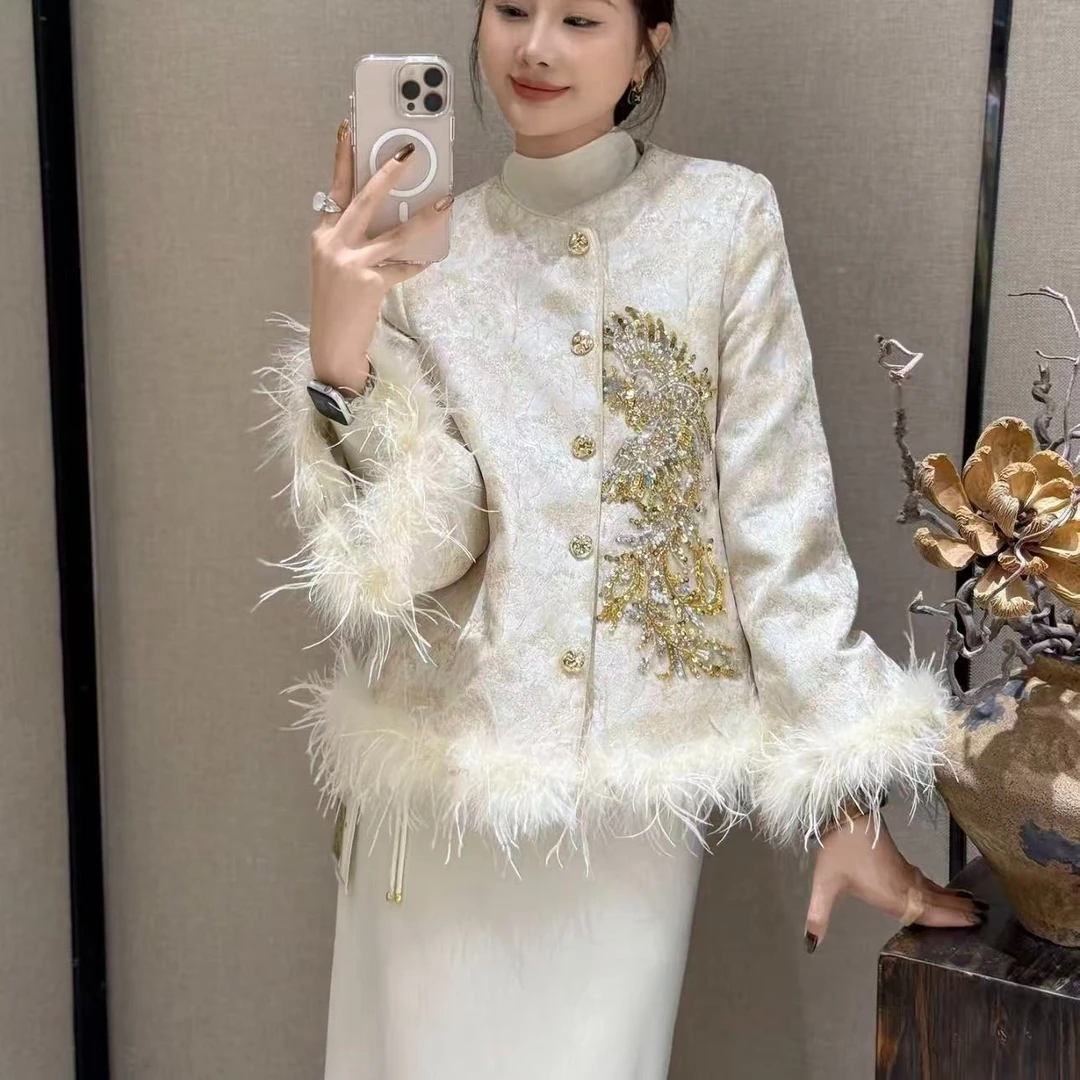 新中式国风钉珠刺绣百搭鸵鸟毛棉衣外套女装2025新款冬季棉服棉袄