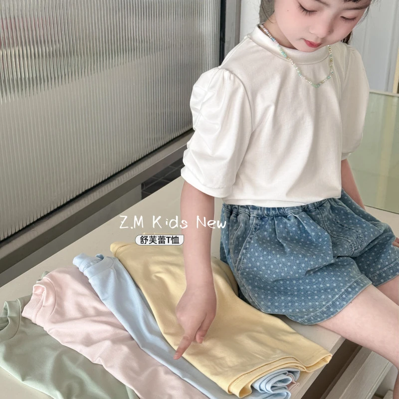 【舒芙蕾】2025夏儿童泡泡袖短袖纯色圆领面膜上衣女童T恤B-58363