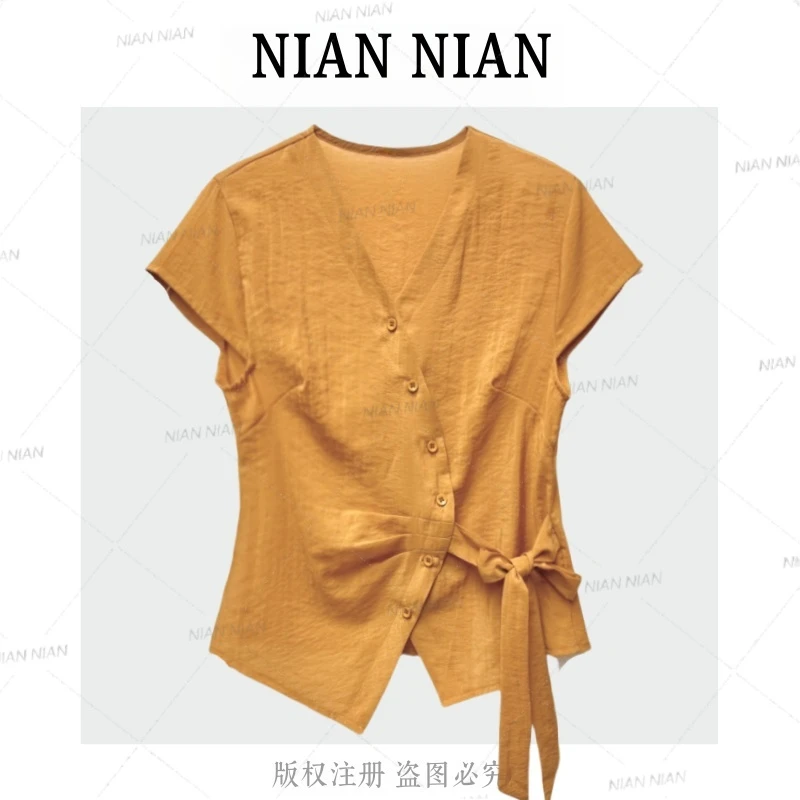 〖银花谷〗年年2025夏季新款纯色T恤上衣韩系气质V领小衫系带显瘦