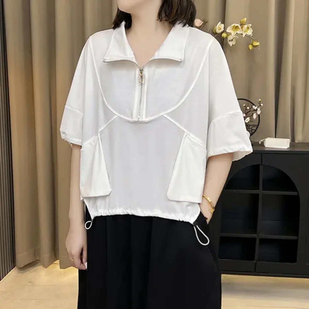 拉夏贝尓夏季新款纯色气质半拉链领设计感下摆抽绳恤宽松休闲百搭