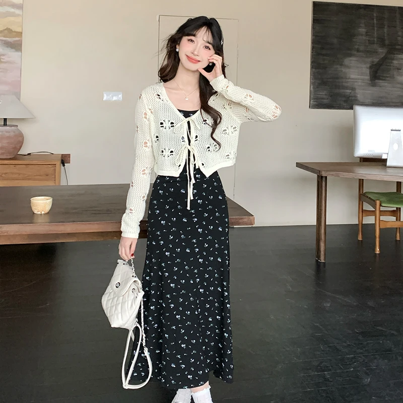 【有披肩~真两件】法式碎花吊带连衣裙开衫套装女春修身显瘦两件套