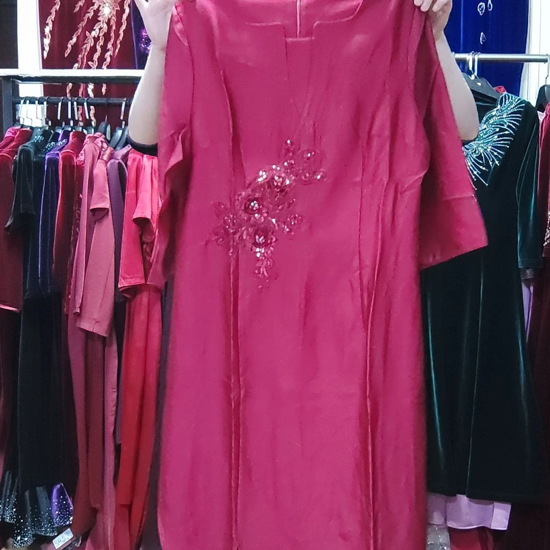 品牌枣红色前开叉贴花礼服裙4XL130-140斤