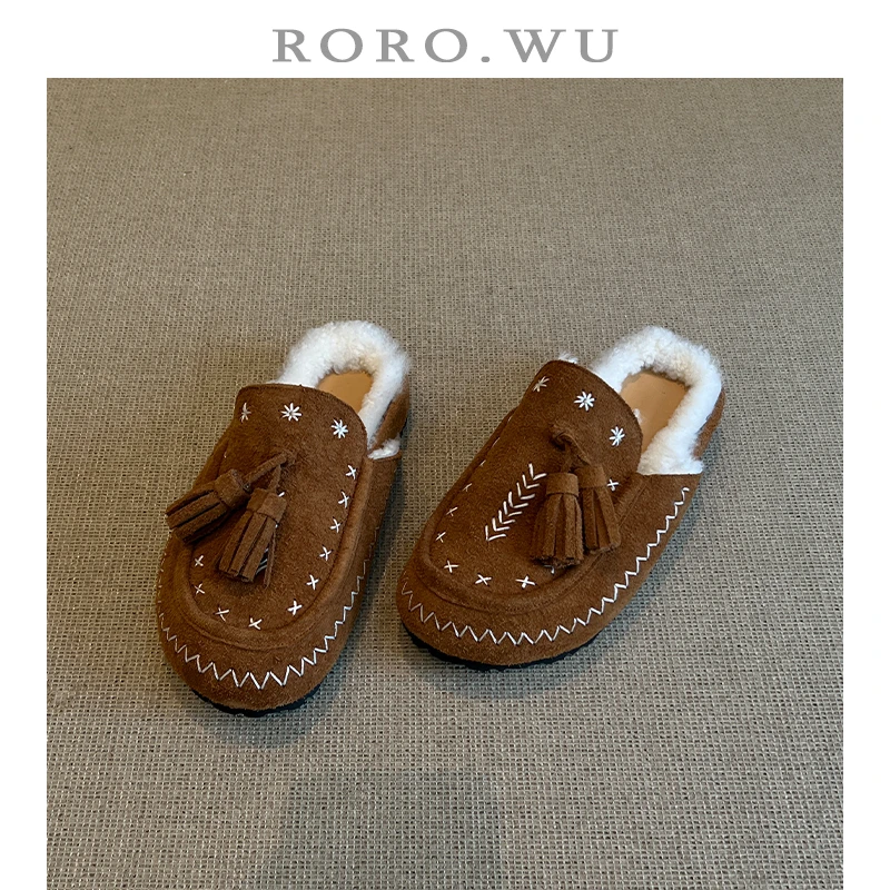 娆娆吴·磨砂牛皮复古加绒保暖毛毛棉拖鞋冬季新款包头拖鞋女J08