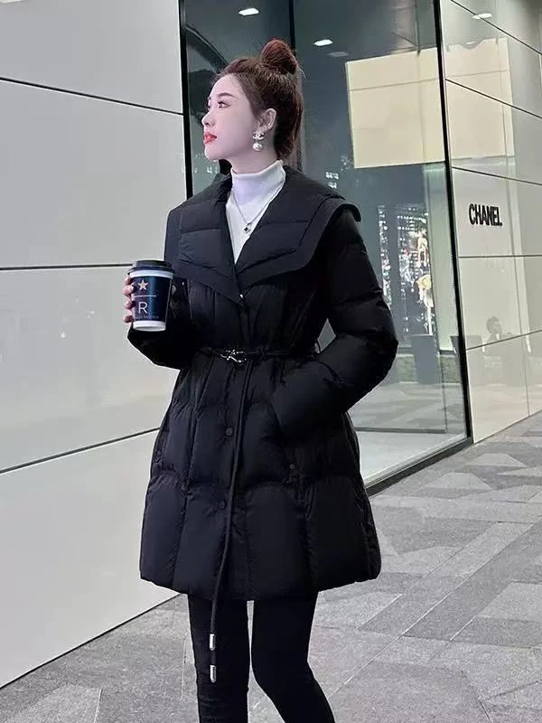 [新国标白鸭绒]2024新款冬季女装显瘦时尚中长款连帽压胶云朵外套