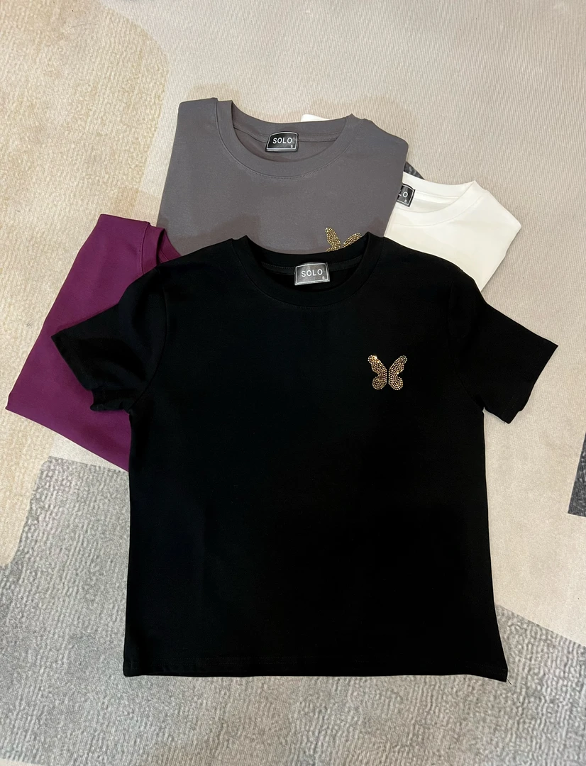 蝴蝶烫钻短袖T恤女修身显瘦时尚百搭正肩上衣3317