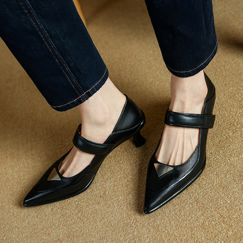 轻奢鞋子真皮百搭夏季单鞋！法式时尚风格，粗跟中跟尖头浅口设计，