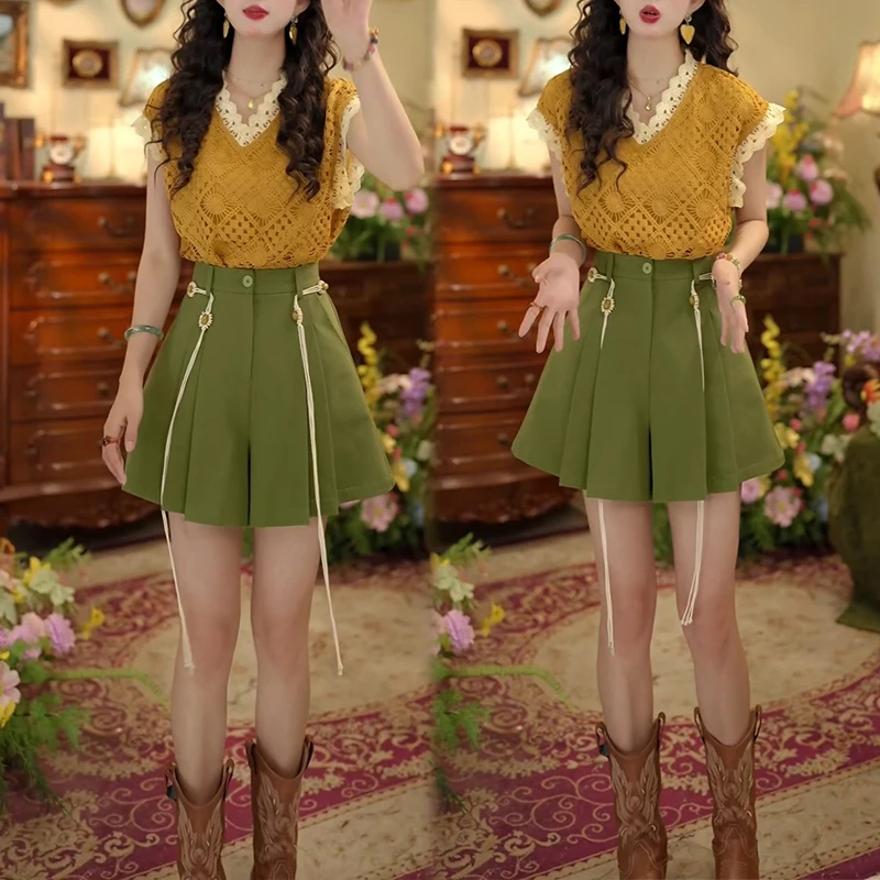 【维多利亚】港风复古套装女减龄镂空花边无袖衬衫显瘦裤裙两件套装