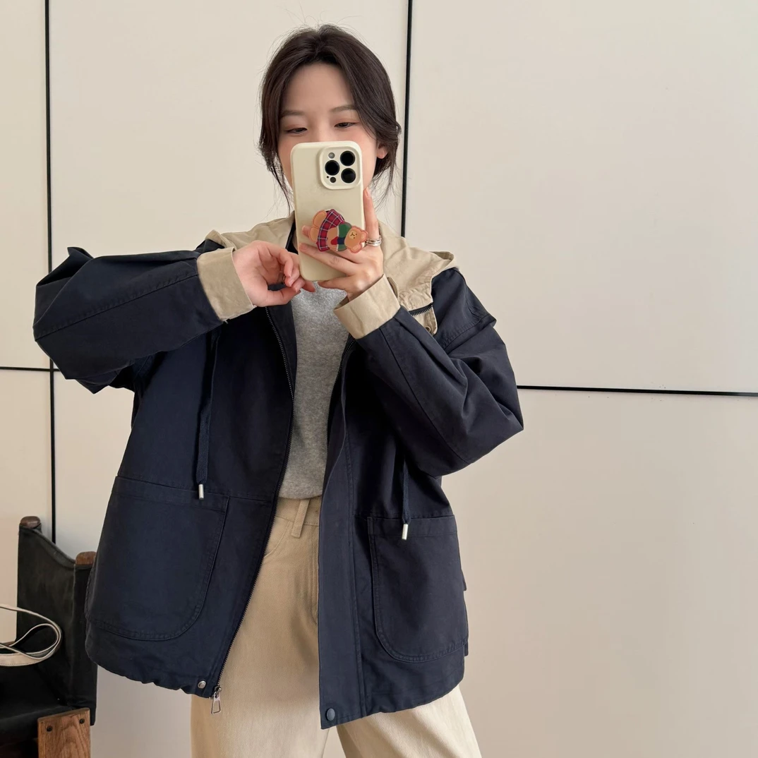 N1～2025韩系秋款连帽风衣外套女休闲宽松简约中长款8810
