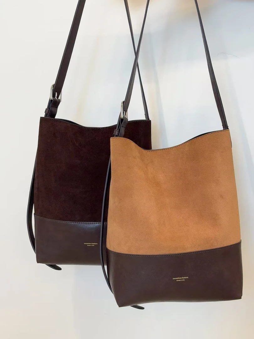 轻奢风撞色真皮水桶包日韩主袋磨砂单肩包手提小众水桶包女包耐磨