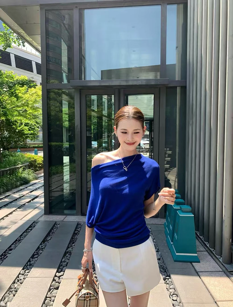 【安安专属】优雅气质斜肩短袖T恤荡领针织衫