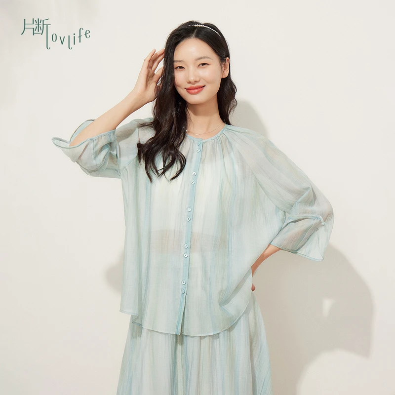 片断衬衫女2024夏季新款休闲宽松圆领遮肚子小衫法式独特小上衣