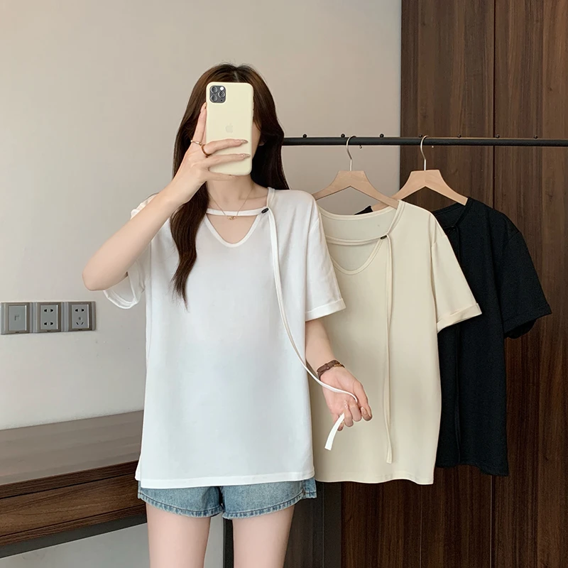 2025新款胖mm大码女韩版时尚纯欲飘带宽松显瘦短袖T恤DNHA1216