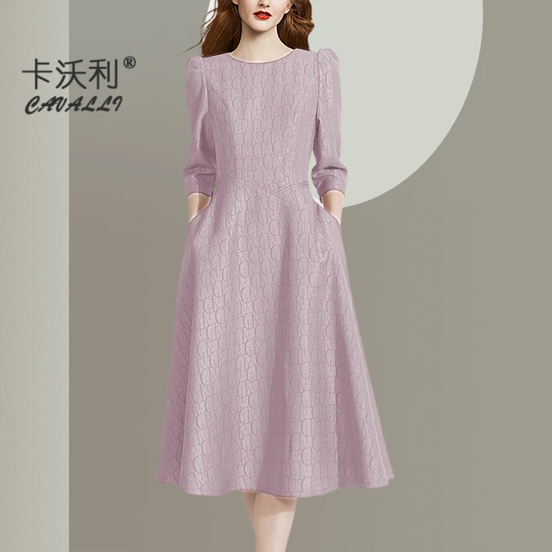 温柔高端字母提花圆领连衣裙2025夏季新款气质修身长袖印花礼服裙