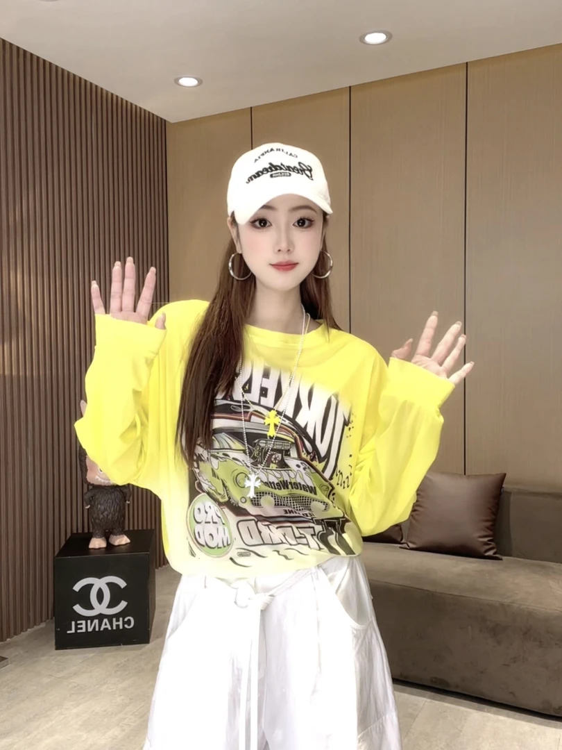 LL5059夏季薄款美式网纱字母车上衣女显瘦印花长袖时尚休闲T恤