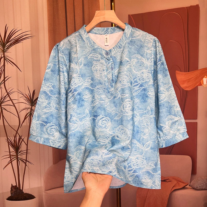 夏季立体装饰七分袖防晒印花衬衫宽松重磅春夏大码