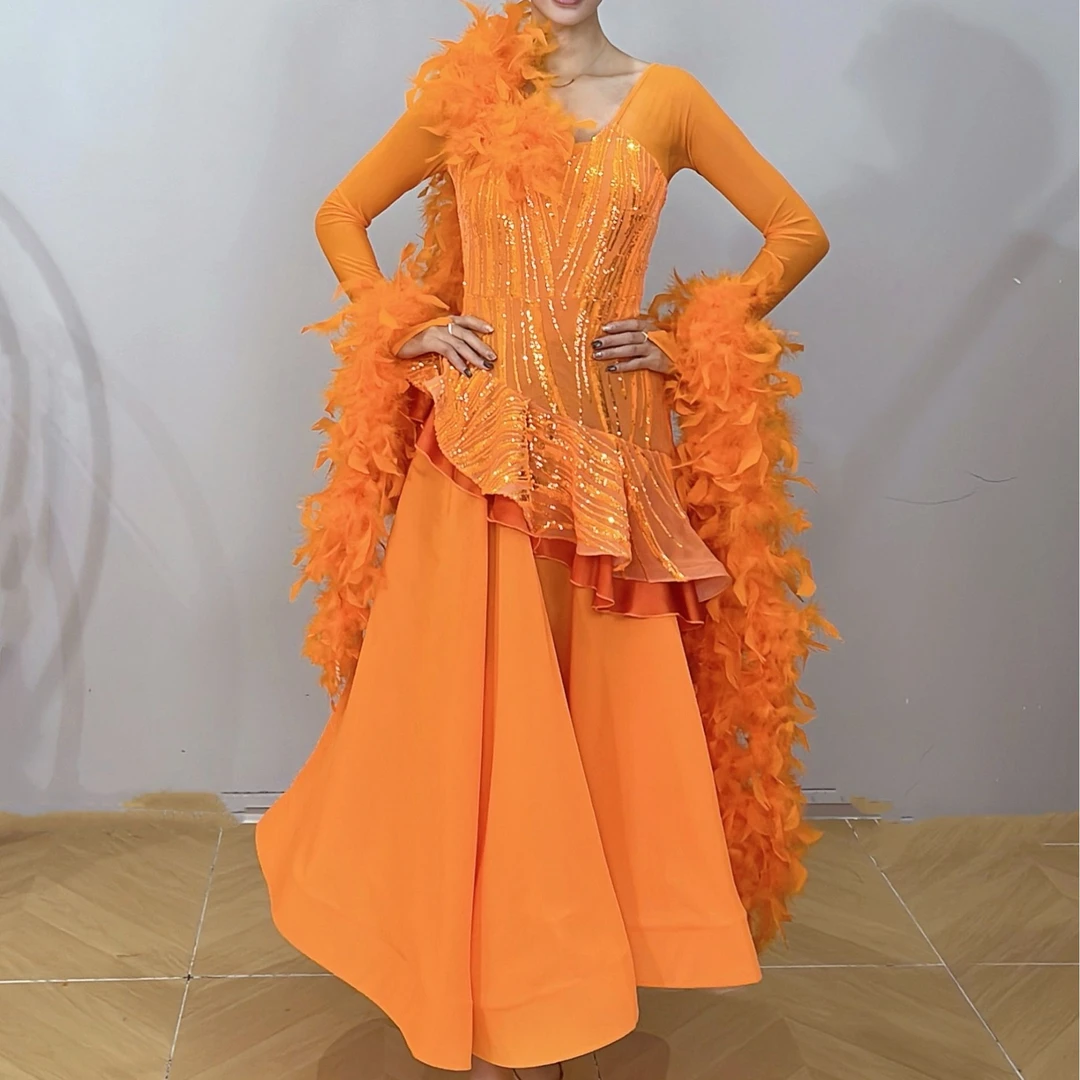【LP舞服】原创设计-重工亮片褶皱羽毛连衣裙国际摩登舞服轻奢气质