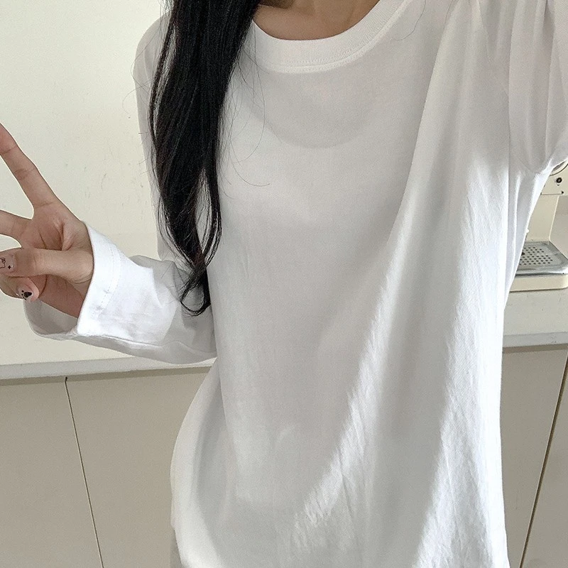 纯棉圆领长袖T恤女春秋白色叠穿上衣纯色基础款宽松内搭打底衫