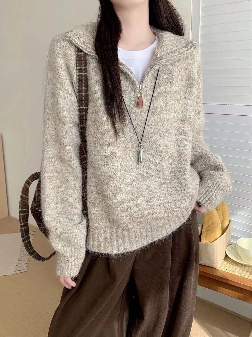 拉链毛衣女时尚洋气百搭女装针织衫网红洋气炸街上衣设计小众衣服