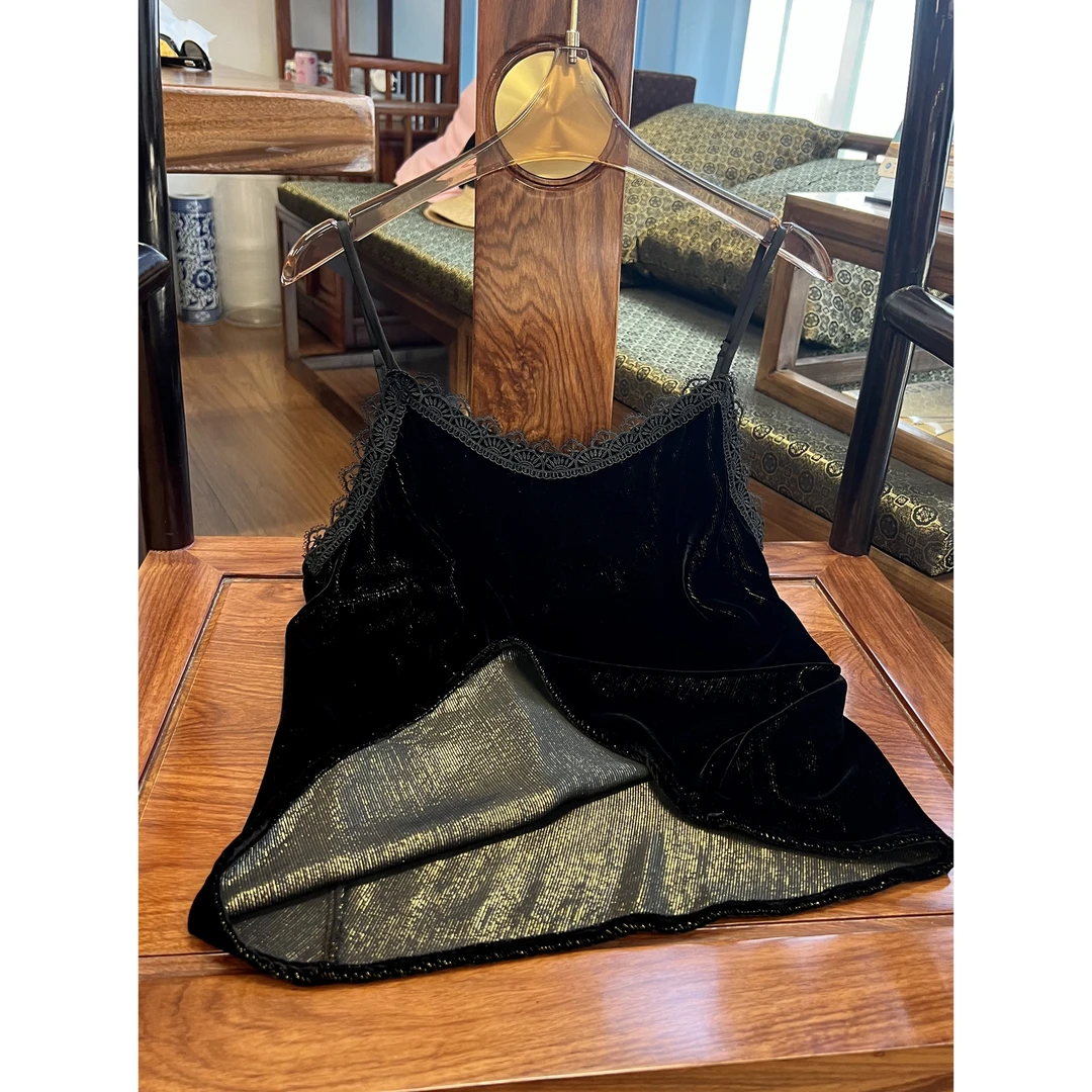 【老罗家】原创丝绒吊带女高定金线桑蚕丝丝绒拼蕾丝百搭打底背心