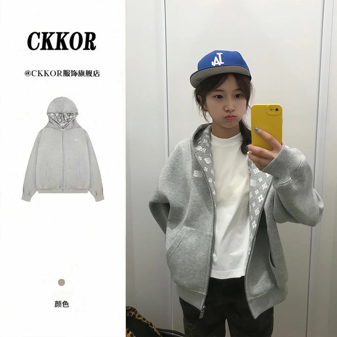 CKKOR复古灰色连帽卫衣重磅加绒刺绣设计宽松韩版慵懒风外套男女