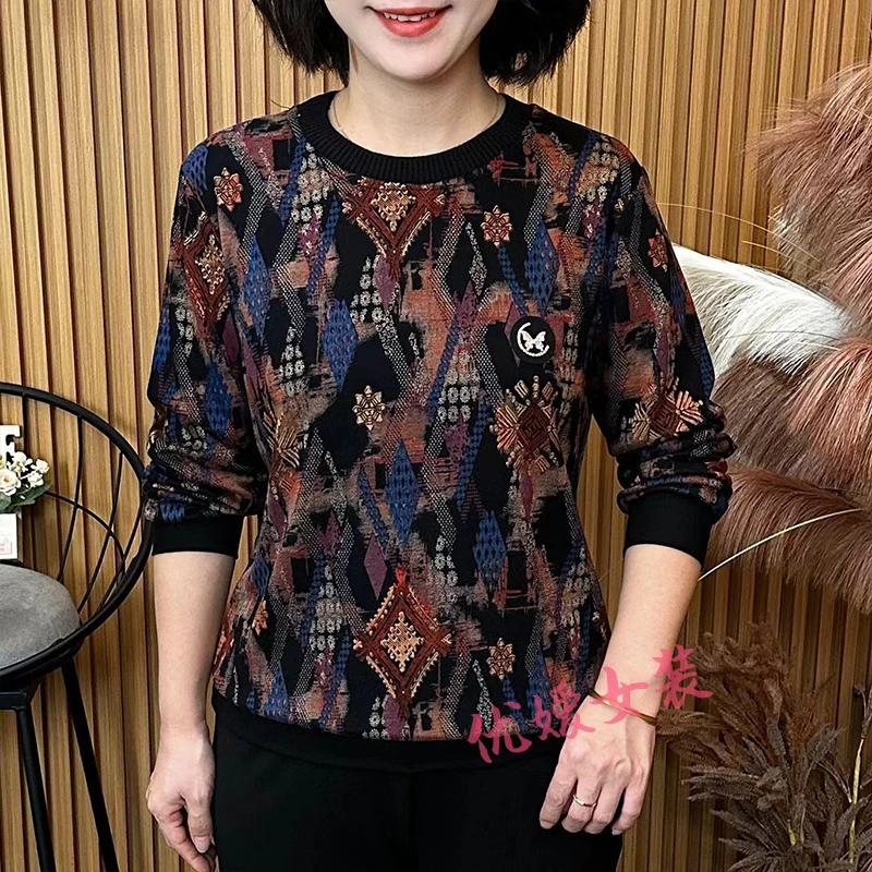 中老年女装秋季减龄时尚圆领印花宽松显瘦百搭洋气妈妈装长袖小衫