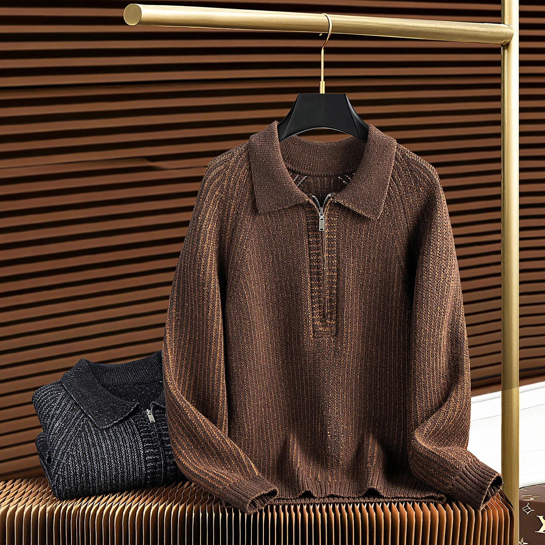 秋冬意式老钱风复古双纱羊毛重磅加厚男士半拉链翻领针织衫毛衣