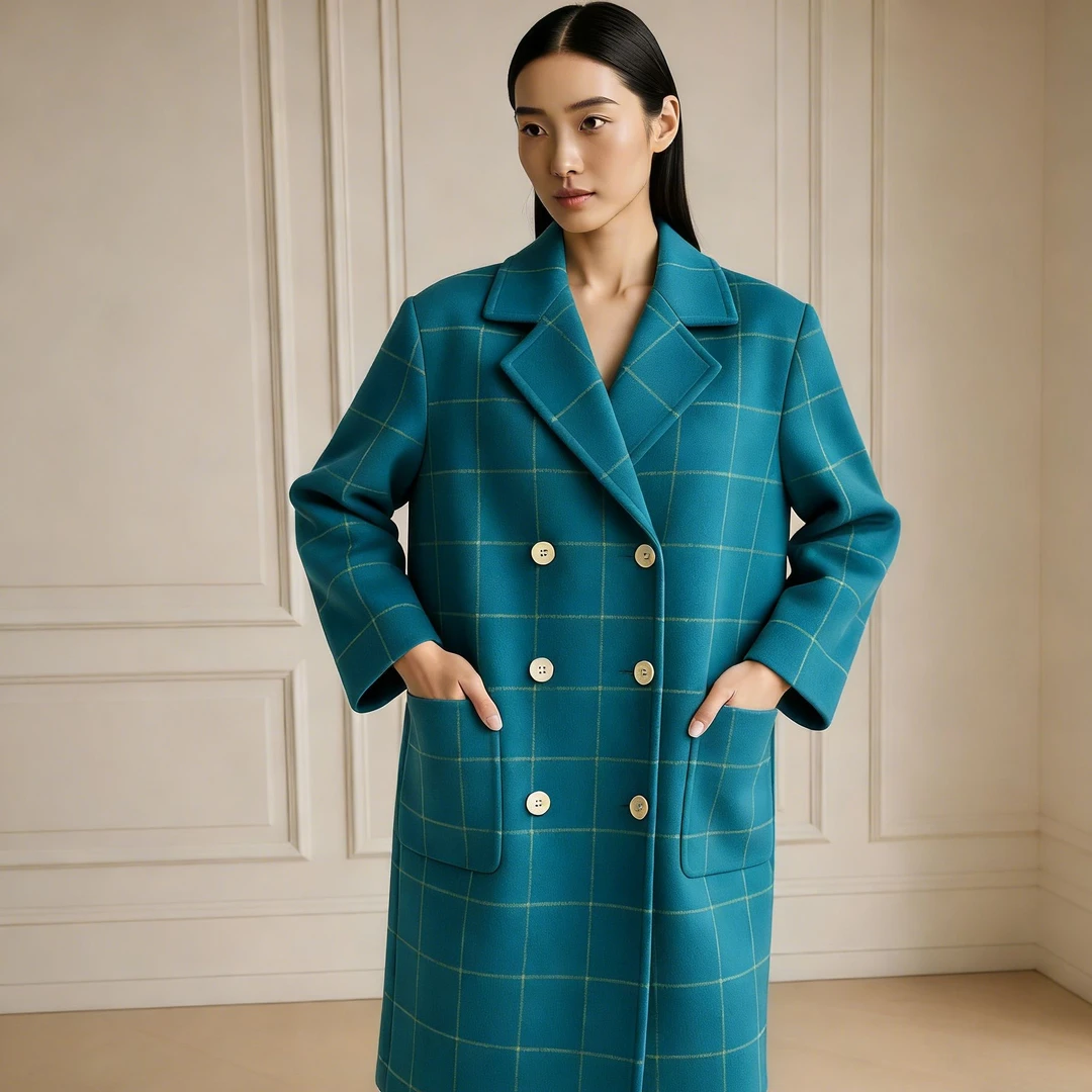 秋冬长袖长款毛呢外套大衣时尚格子外套毛呢EL4A502