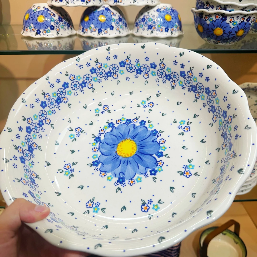新疆包邮【勿忘我】家用釉下彩陶瓷12英寸花边和面盆